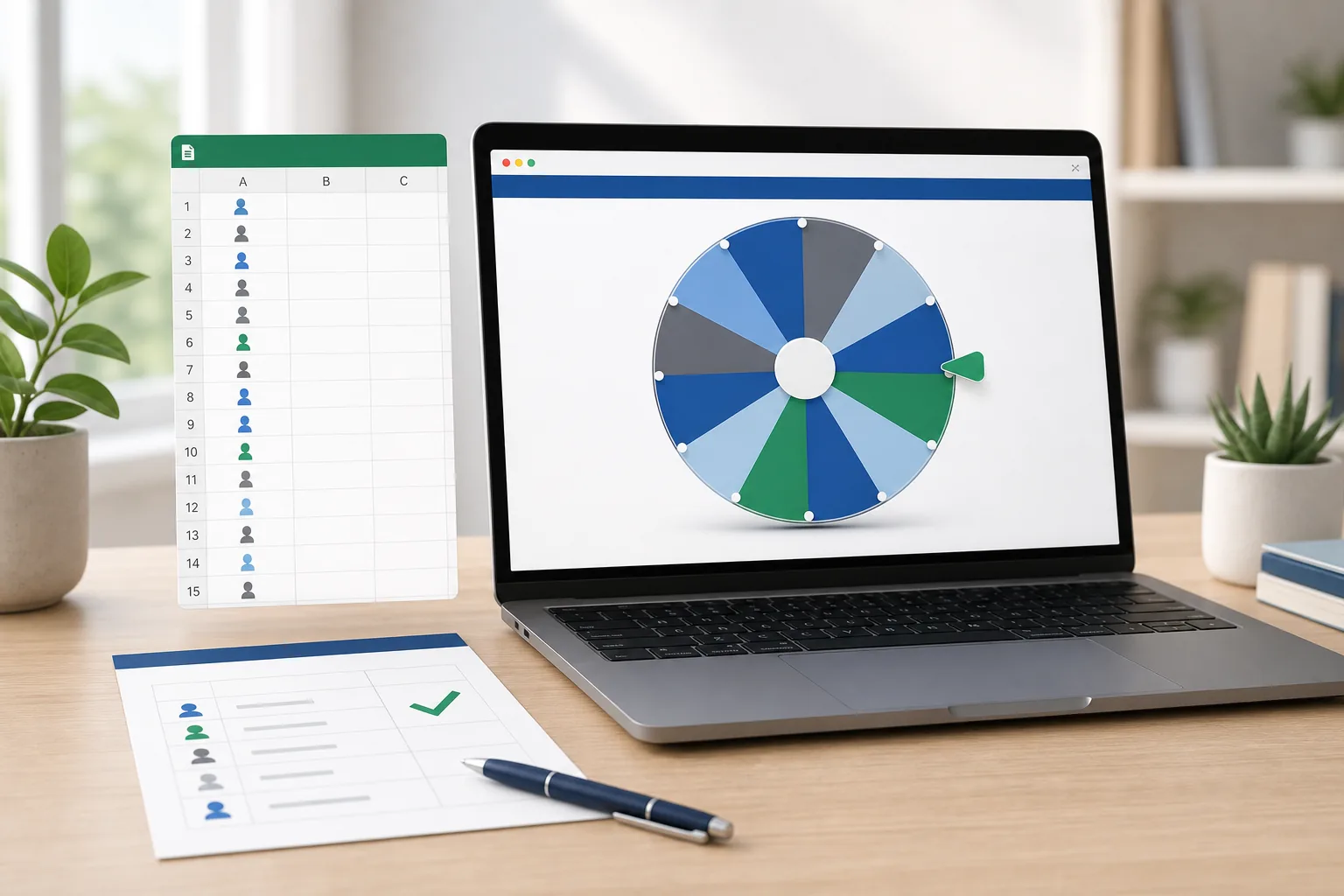 A spreadsheet name list prepared beside a browser raffle wheel.
