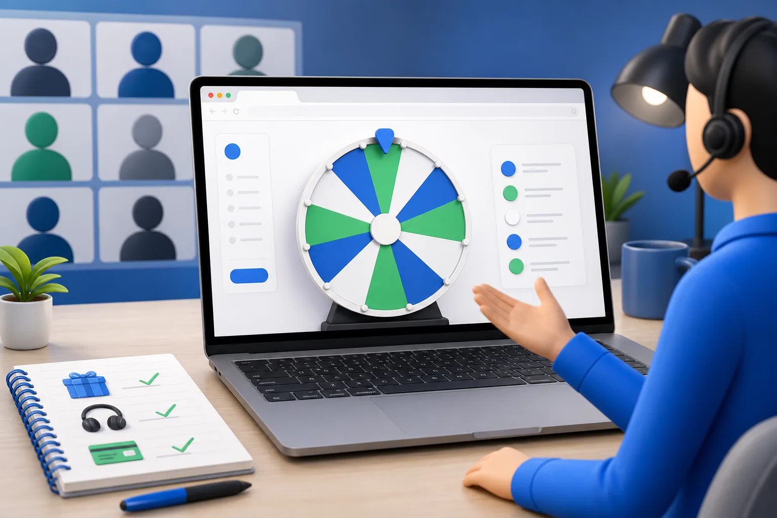 A virtual event host running a browser-based door prize wheel for remote attendees.